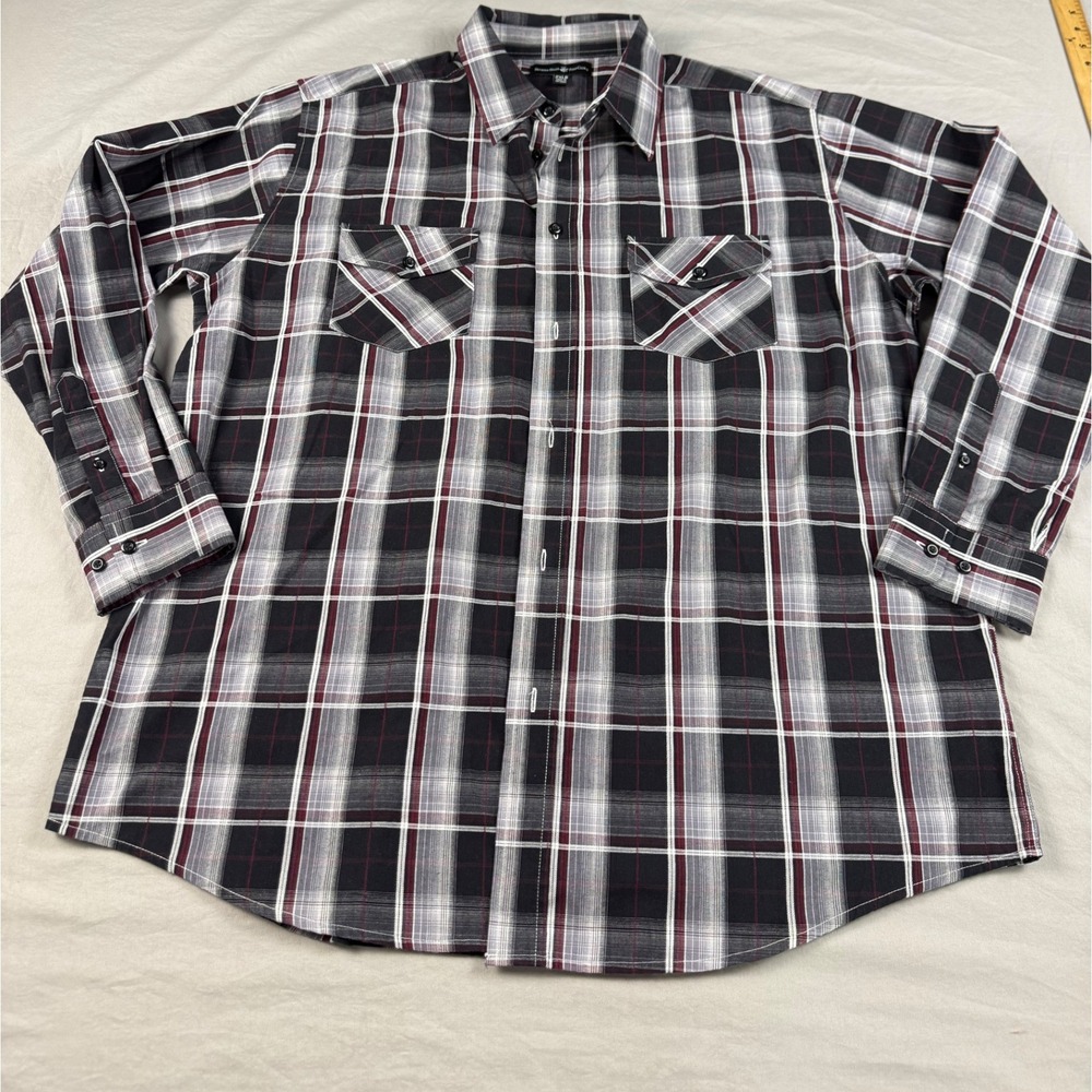 Beverly Hills Polo Club‎ Mens 2XLB Plaid Button Down Shirt Blk Grey Red Long Slv